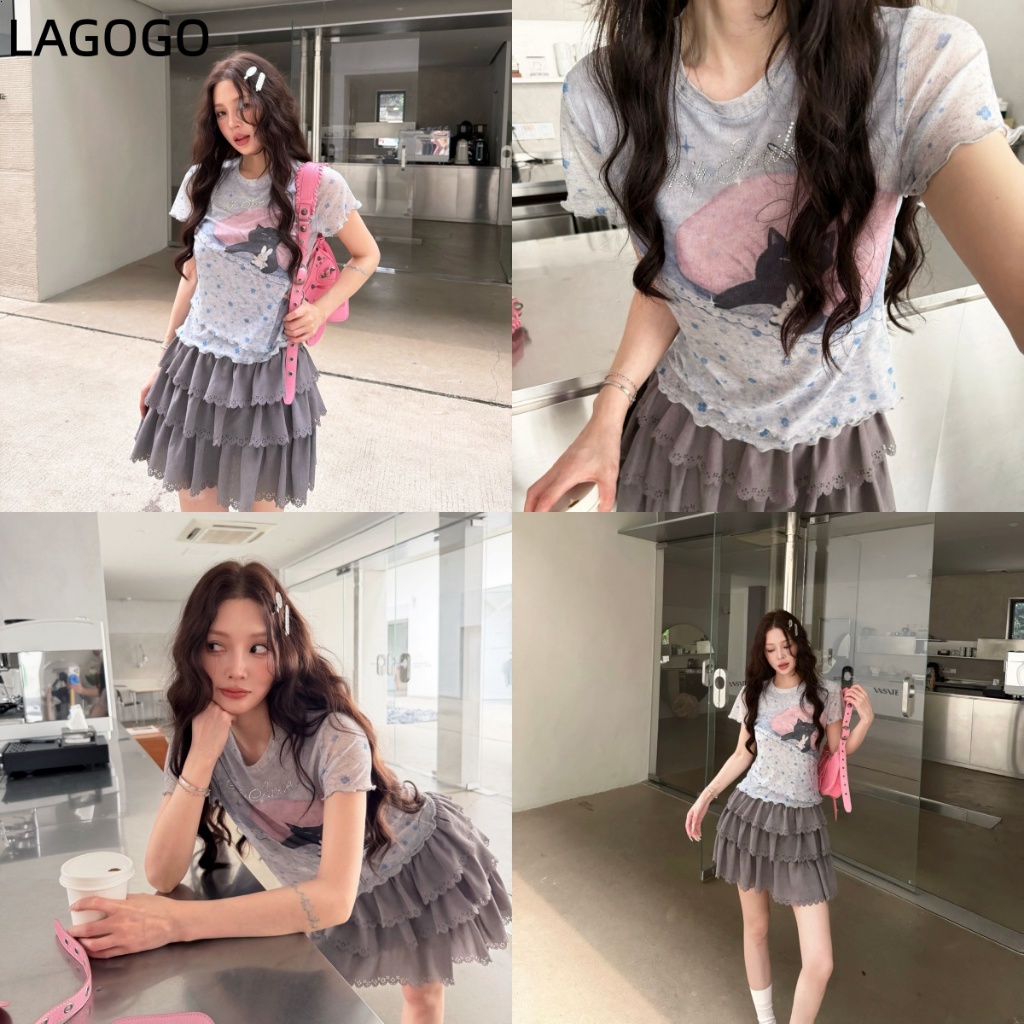 หวานน่ารักนอนลูกแมวแบบพิมพ์ผ้ากอซเสื้อยืดผู้หญิงฤดูร้อนบางสั้นด้านบน