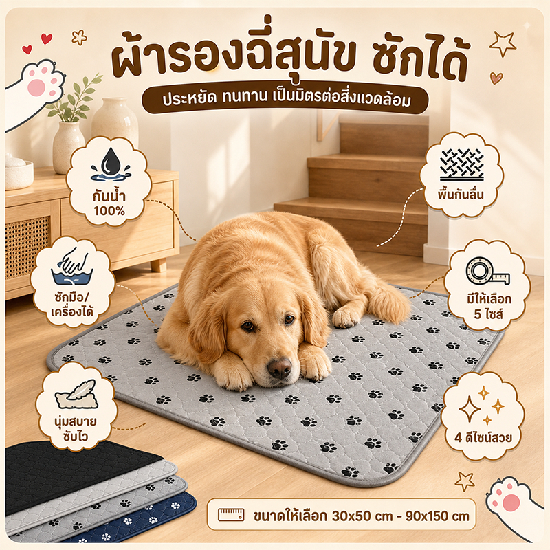 🔥แผ่นรองฉี่สุนัข แผ่นรองฉี่สัตว์เลี้ยง ผ้ารองฉี่หมา เเมว กระต่าย ซักใช้ซ้ำได้ ซึมซับได้ดี มีกันลื่น