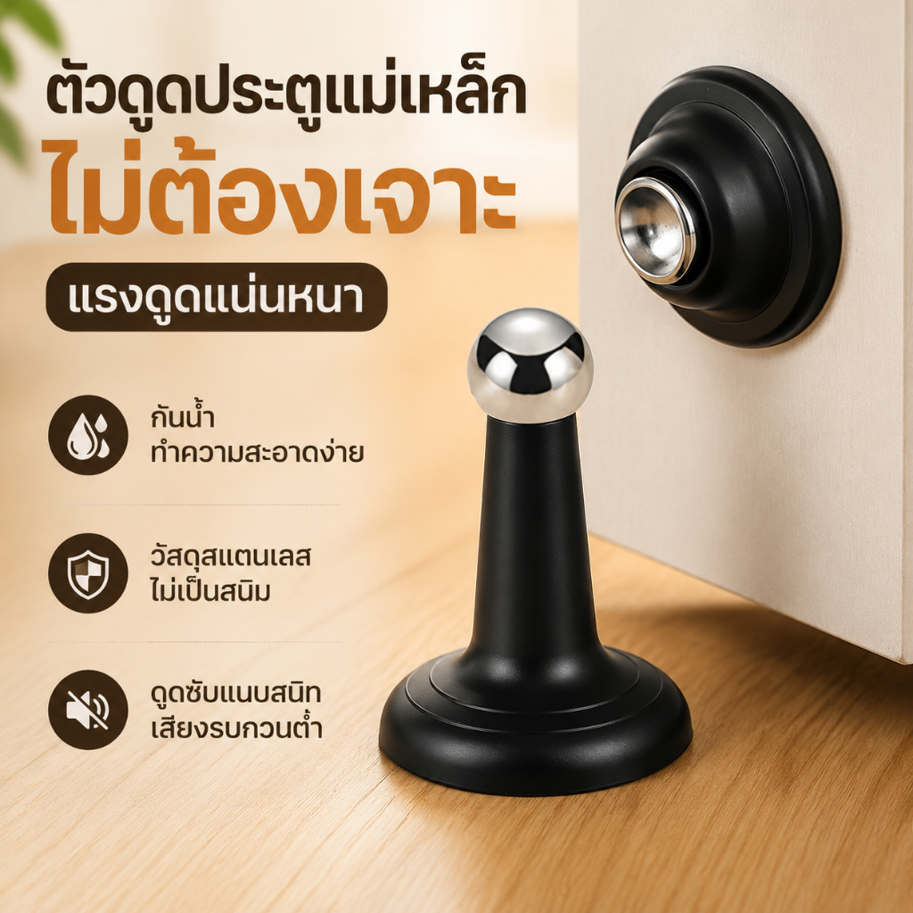 ตัวหยุดประตูแม่เหล็ก ประตูดูดกันชน ไม่ต้องใช้สว่าน ติดง่ายด้วยกาว สำหรับห้องนอน ห้องครัว