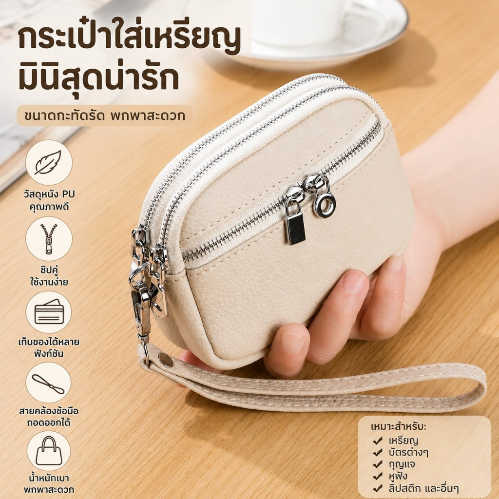กระเป๋าใส่เหรียญสำหรับผู้หญิง ทำจากหนัง PU กันน้ำ มีซิปคู่และช่องใส่บัตร เป็นกระเป๋าสตางค์ใบเล็กแบบถือได้