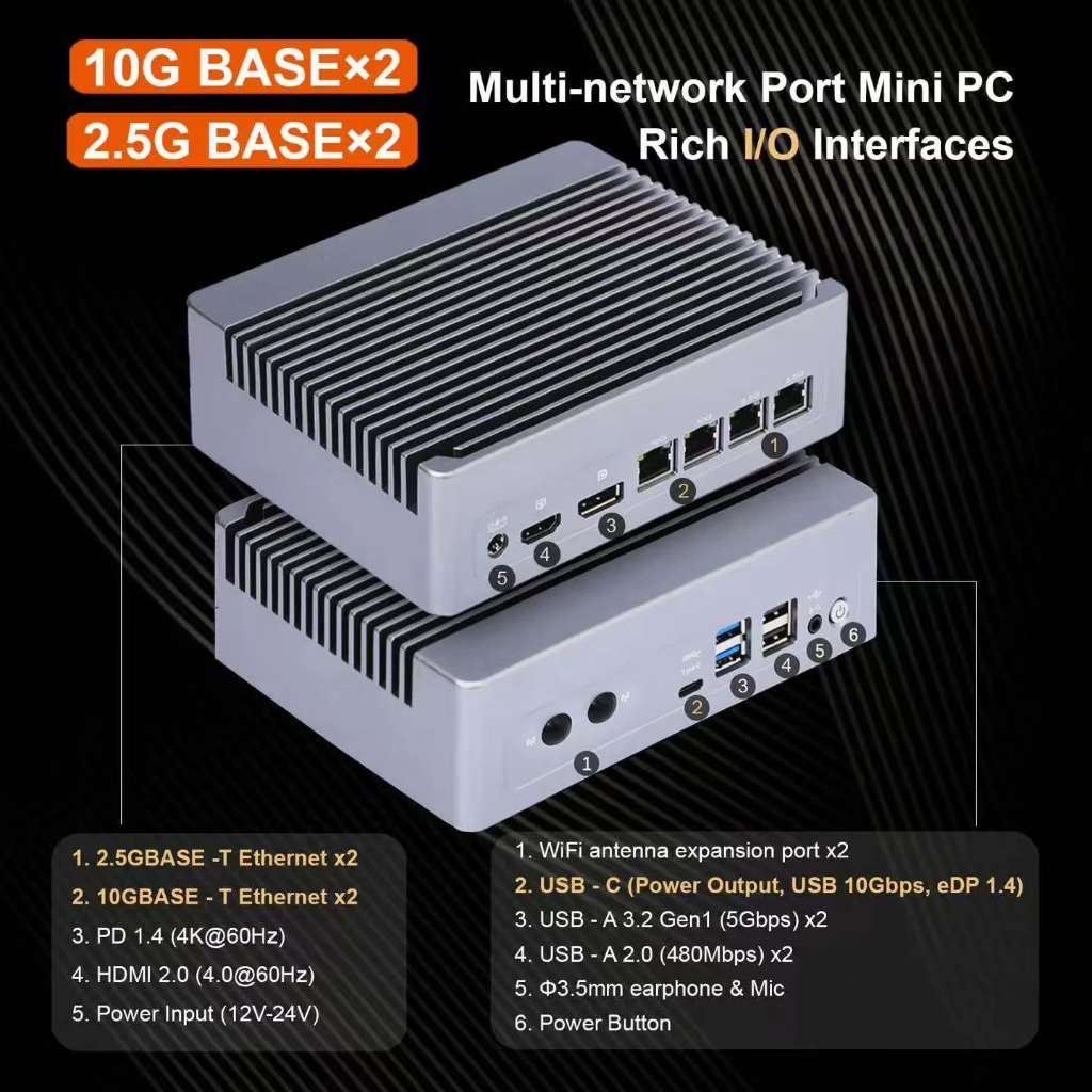 4 NICs โลหะ Solid Firewall PC Intel i3-N305 N150 2*10G 2*2.5G RJ45 LANs DDR5 2*NVMe NAS Mini PC Prox