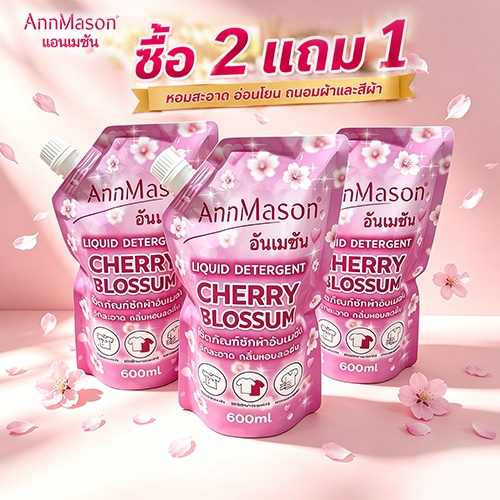 【600ml x3 ถุง】AnnMason น้ำยาซักผ้ากลิ่นซากุระ สูตรเข้มข้น 3 เท่า ขจัดคราบลึก หอมติดผ้า 24 ชั่วโมง ทำผ้านุ่ม