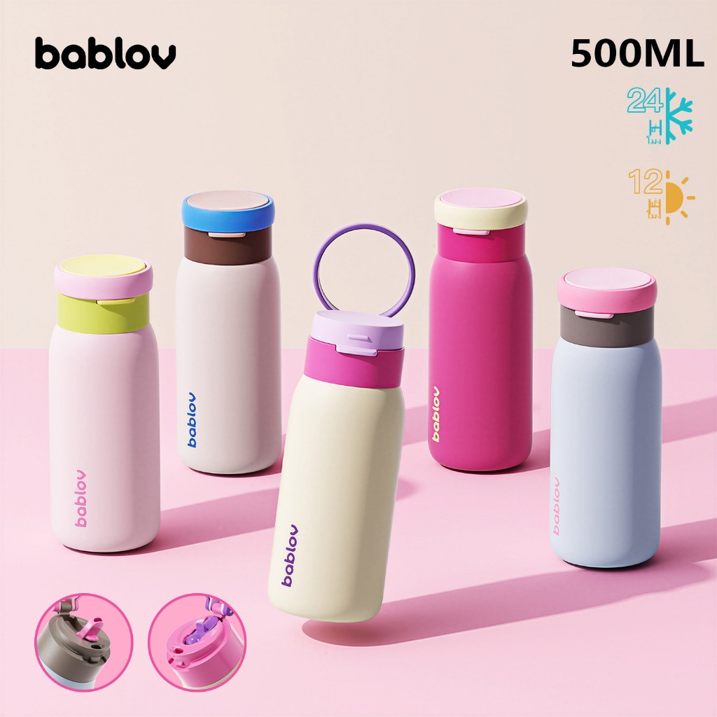BABLOV Lucky 316L สแตนเลสฉนวน/ขวดน้ํา ไทรทัน 500ml, หลอดดื่มคู่ & โดยตรงจิบ แก้วเก็บความร้อน, ฝา หน้า ป้องกันการรั่วซึม, แหวนซ่อนจับแบบพกพาเดินทางกีฬาโรง