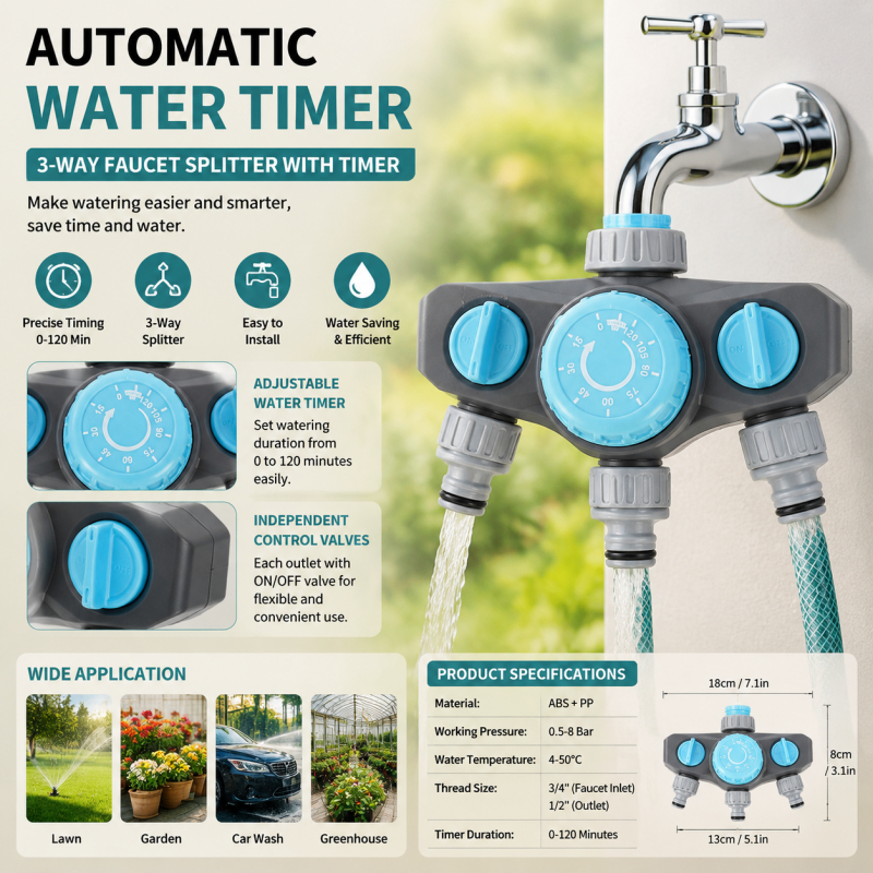 TH อุปกรณ์รดน้ําจับเวลาอัตโนมัติสําหรับพืช, ก๊อกน้ํา 1-Inlet 3-Outlet Splitter พร้อมวาล์วอิสระ, เครื่องมือชลประทานที่ตั้งโปรแกรมได้สําหรับ Garden/Patio/Lawn