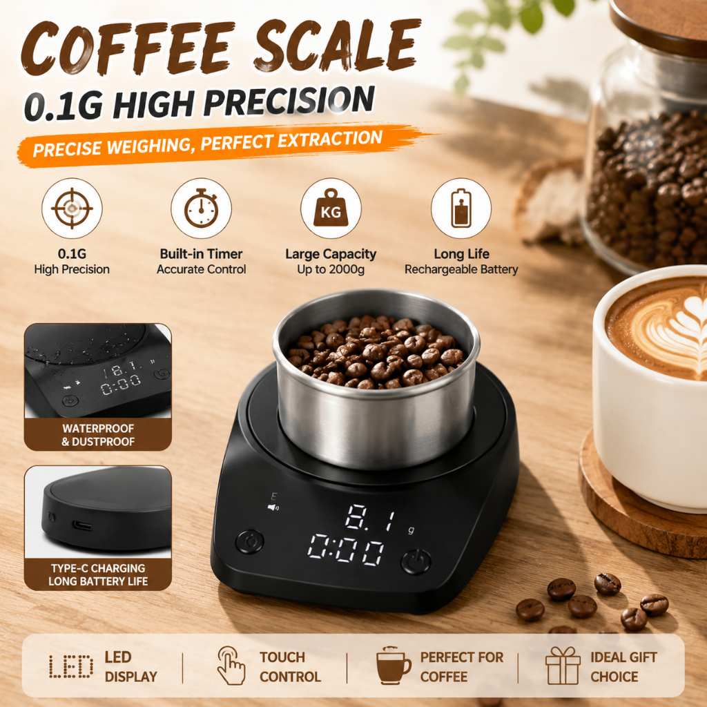 TH MUVNA-Mini Electronic Espresso Scale, LED Weighting, ความแม่นยําสูง, เครื่องชั่งกาแฟแบบพกพา, รับ Taza, 0.1g