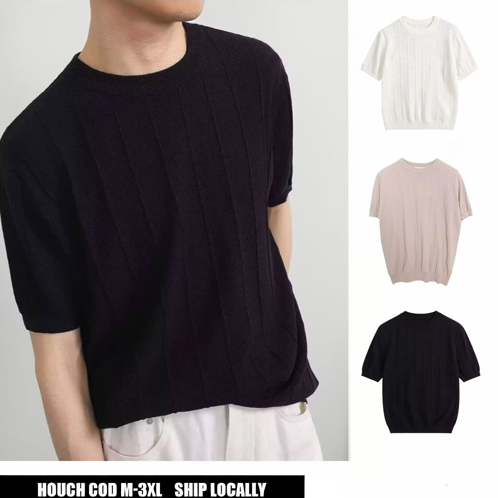 Houch พร้อมส่ง COD เสื้อโปโลที่เรียบง่ายแขนสั้นผู้ชายลายทางตัดกัน