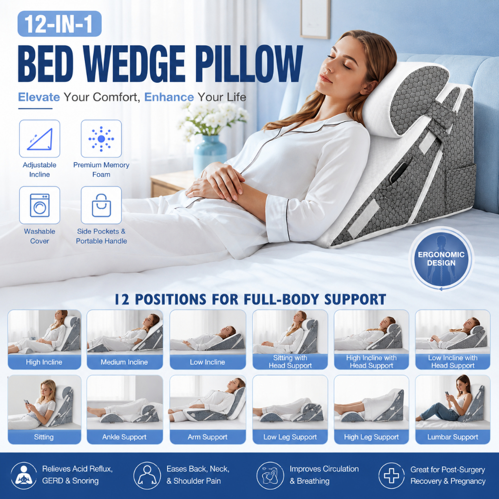 【Local Warehouse】Bed Wedge Pillow, Memory Foam Adjustable Cushion, Head/Leg Support, Acid Reflux/Snoring/Back Pain Relief, Washable Cover