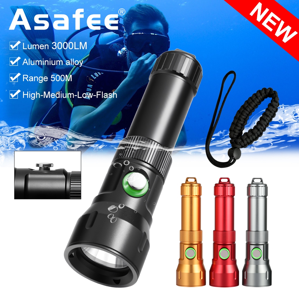 ASAFEE DT300 ไฟฉายดําน้ํา SFT40-LED กดสวิตช์ 3000LM 500M ช่วงใต้น้ํา 100M IPX8 Professional Submersi