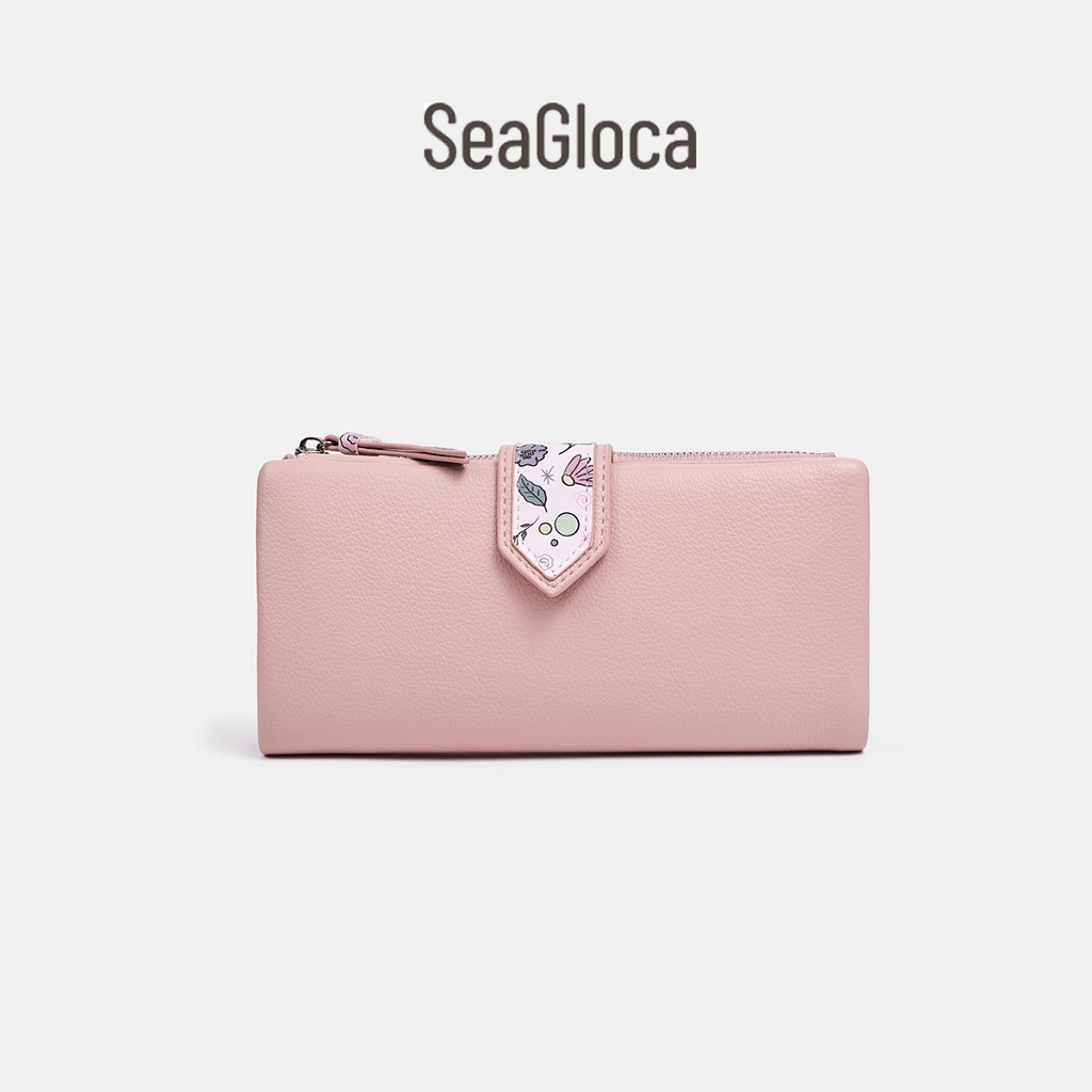 SeaGloca Long Wallet อินเทรนด์สีชมพู Textured Bifold Purse พร้อมการออกแบบดอกไม้สําหรับผู้หญิง No 00013