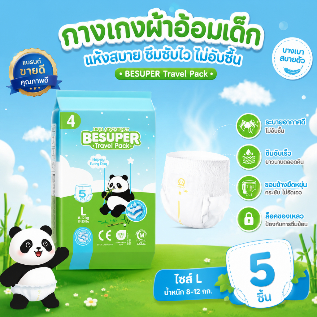 Besuper ผ้าอ้อมเด็ก  สวมใส่สบาย 5PCS M/L/XL ผ้าอ้อมเด็กขอบเอวยางยืดสูง baby diaper