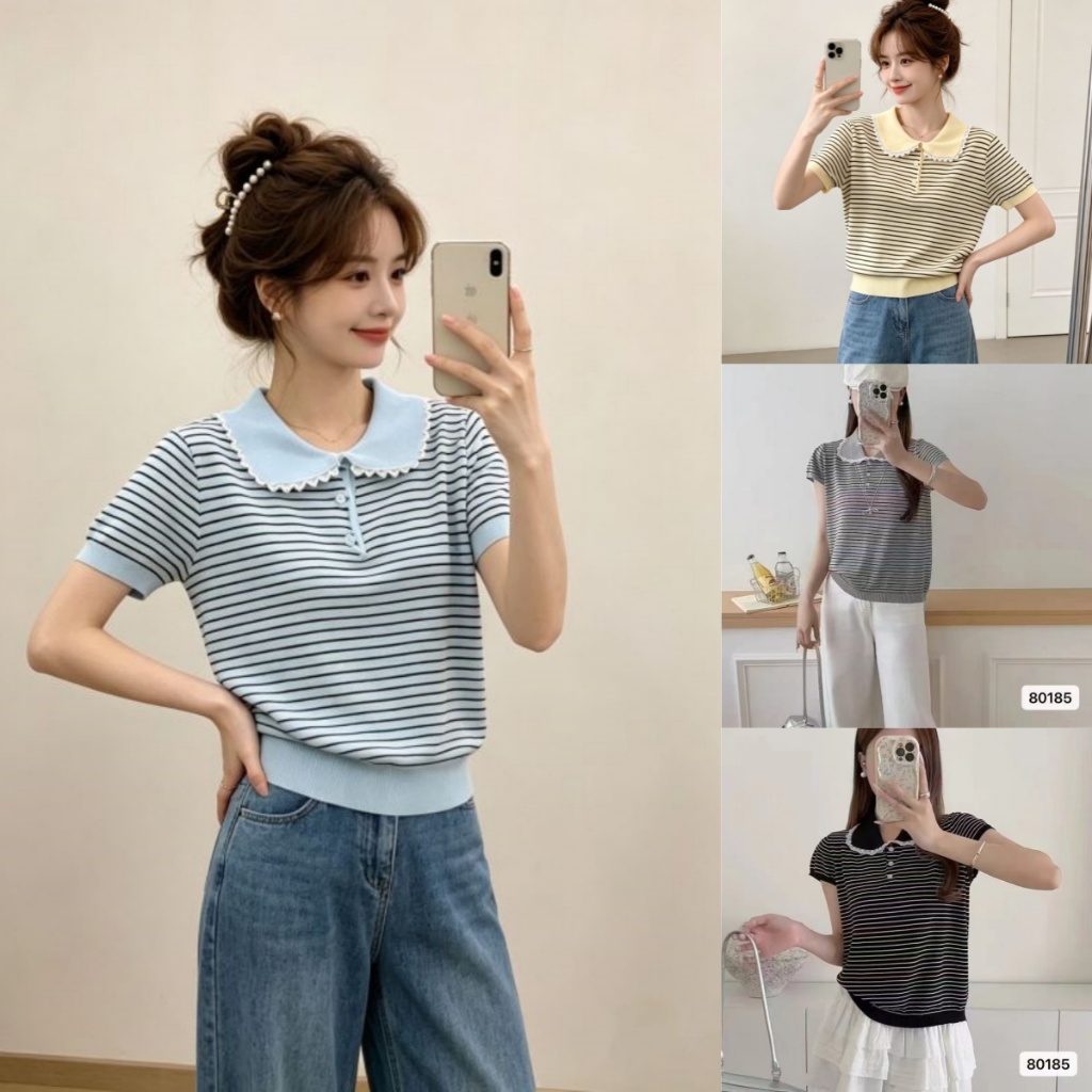 เสื้อไหมพรมลายทาง คอปกลูกไม้ สไตล์เกาหลี นุ่มสบาย เสื้อโครเชต์แขนสั้น ลุคหวานๆ