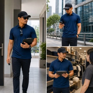 EAGLADE เสื้อโปโลสําหรับผู้ชาย Man เสื้อระบายอากาศยืดแห้งเร็วสําหรับทํางาน Commute ชุดลําลอง IXP สีฟ้า