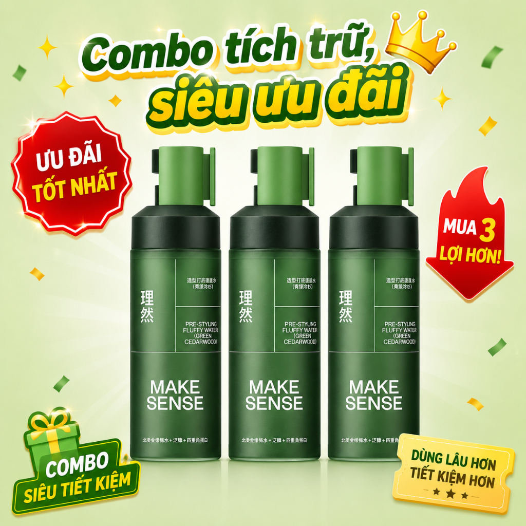 MAKE SENSE Hair Volumizing Spray 100ml x 3 – สเปรย์ยกราก, ควบคุมความมัน, จัดแต่งทรงผมธรรมชาติ, Non-Sticky Finish