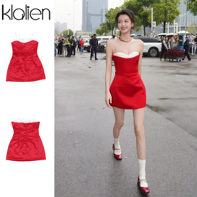 Klalien สลิงผอมสีปิดกั้นมินิเดรสรูปเอวดู Slimmer ผู้หญิงฤดูร้อนหวานสไตล์เกาหลี