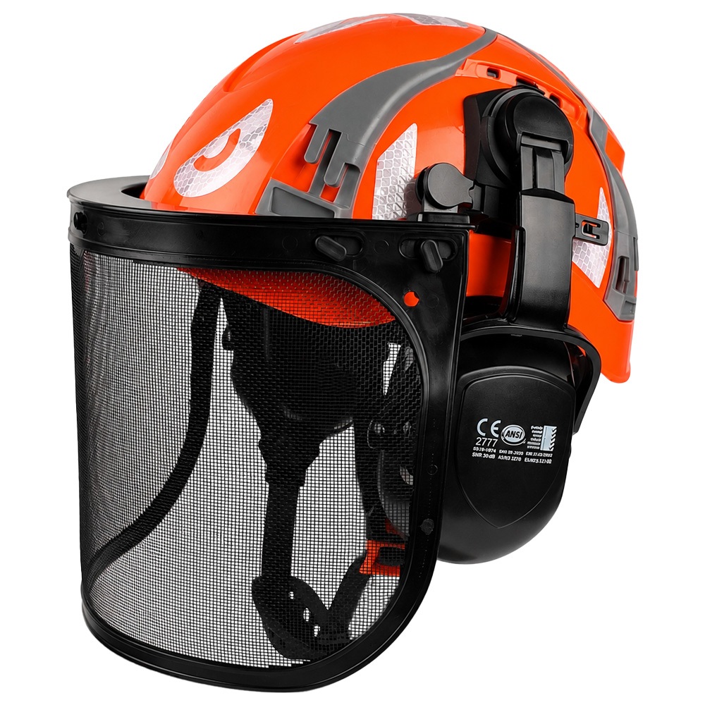 CE สะท้อนแสง Forestry หมวกนิรภัย 3 ใน 1 Chainsaw หมวกตาข่าย Visor หู Muffs Arborist Woodcutter ABS หมวกป้องกัน