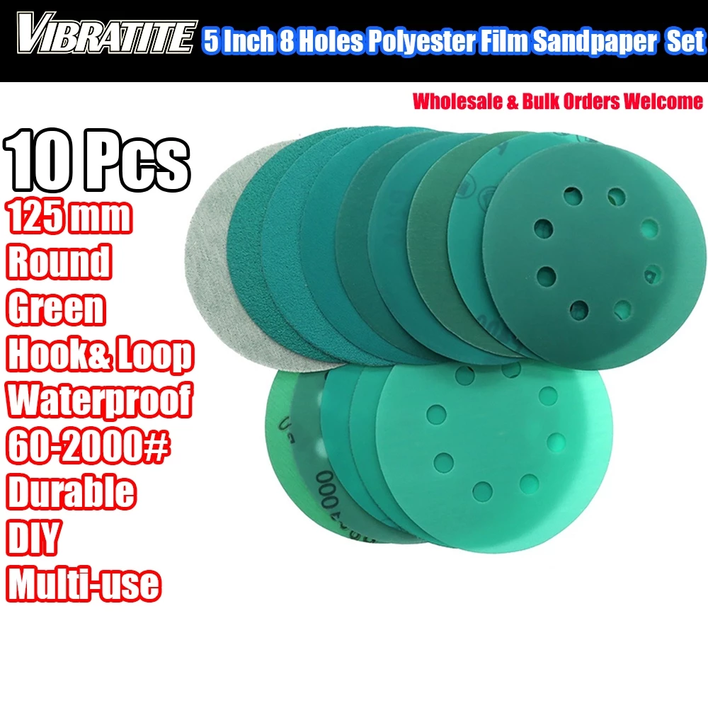 10PCS 5Inch8hole 125 มม.กระดาษทราย WetDry Hook Loop Flocking สีเขียวแผ่นขัด 60-2000