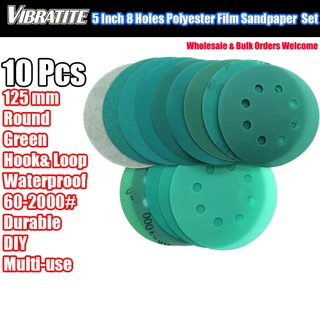 10PCS 5Inch8hole 125 มม.กระดาษทราย WetDry Hook Loop Flocking สีเขียวแผ่นขัด 60-2000
