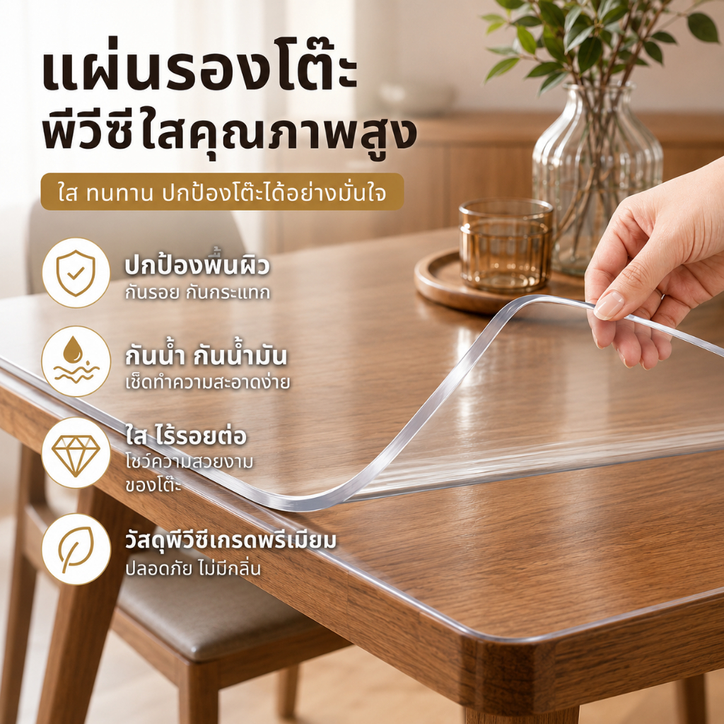 ผ้าปูโต๊ะใส PVC หนา/ รุ่นหนาพิเศษพรีเมียม กันรอยแรงพิเศษ ทนความร้อน กันน้ำมัน ไม่ซึมน้ำ ปกป้องโต๊ะเต็มประสิทธิภาพ