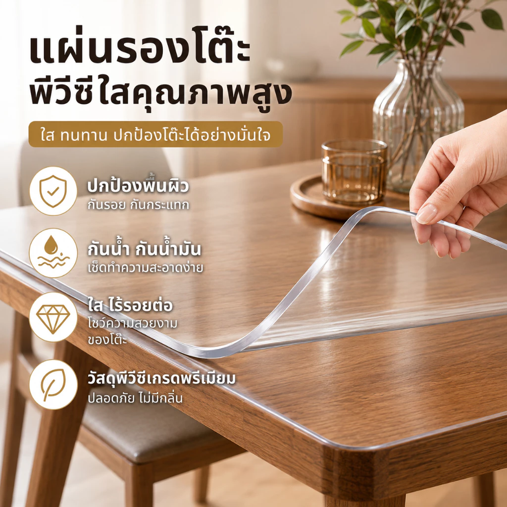 ผ้าปูโต๊ะใส PVC หนา/ รุ่นหนาพิเศษพรีเมียม กันรอยแรงพิเศษ ทนความร้อน กันน้ำมัน ไม่ซึมน้ำ ปกป้องโต๊ะเต็มประสิทธิภาพ