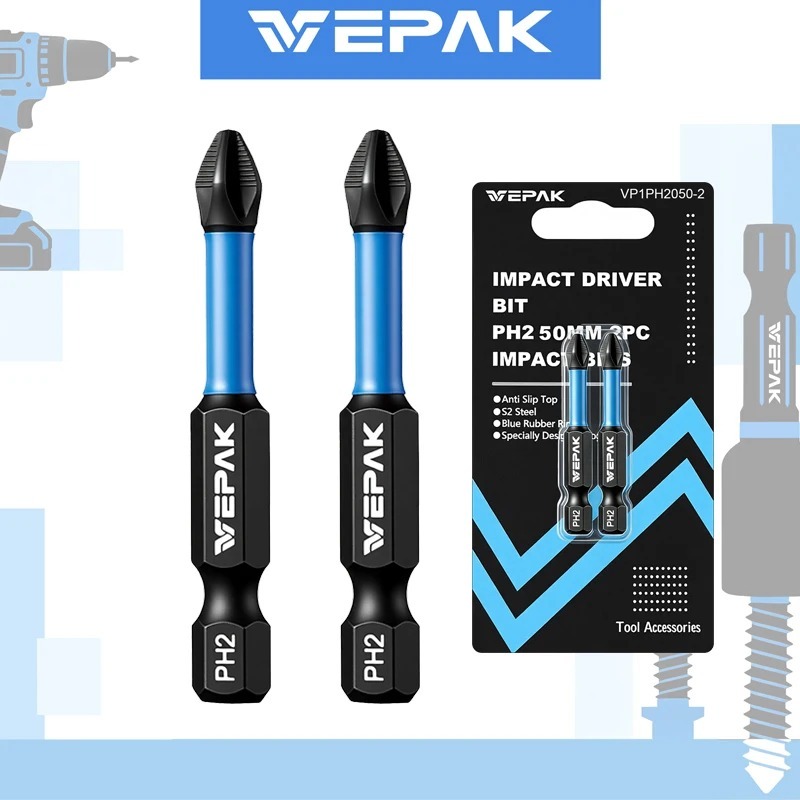 VEPAK VP1PH2050-2 ไขควงกระแทกบิต PH2 50 มม.S2 เหล็กความแข็งสูงหัวสกรูเครื่องมือสิ่งที่แนบมา 2 ชิ้น