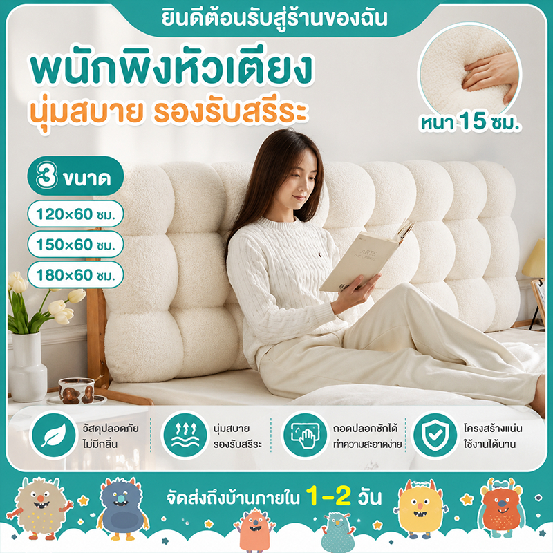 ⭐หมอนหัวเตียงเรียบหรู พนักพิงนุ่ม เสื่อทาทามิสีขาว เรียบง่ายและทันสมัย มีให้เลือก 3 ขนาด