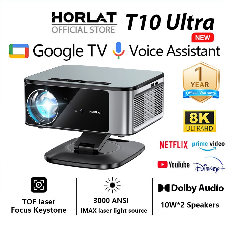 Horlat T10 Ultra laser projector 8k 3000 ANSI Voice control โปรเจคเตอร์ Google TV/Dolby Audio 20W