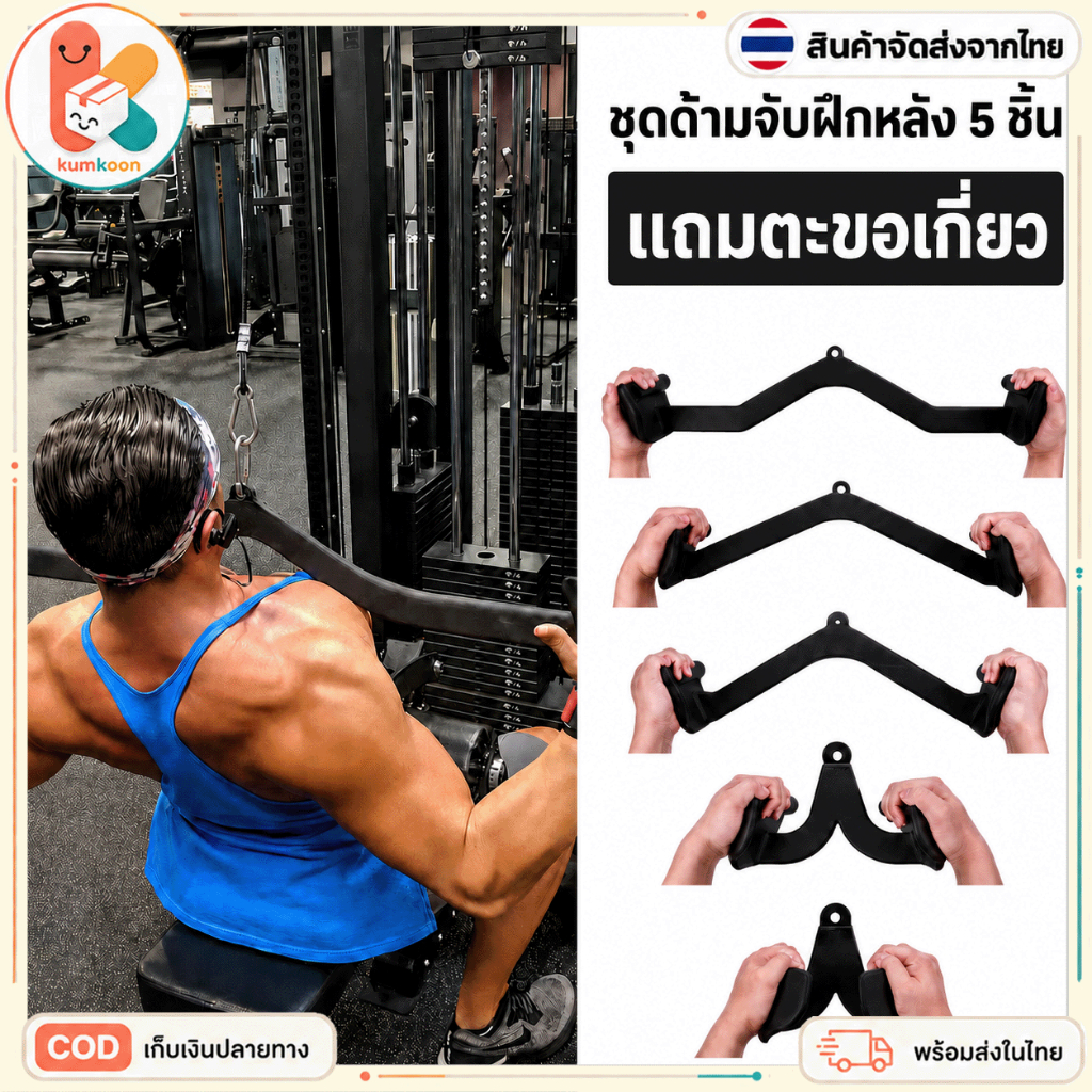 COD ด้ามจับดึงกลับ อุปกรณ์เชือกยิม ด้ามจับ ด้ามจับการฝึกหลังยางรูปตัว V อุปกรณ์เสริมหมายเลข ชุด 2/5/5 ชิ้น ฟรี คาราไบเนอร์ ปลาค็อด เก็บเงินปลายทาง