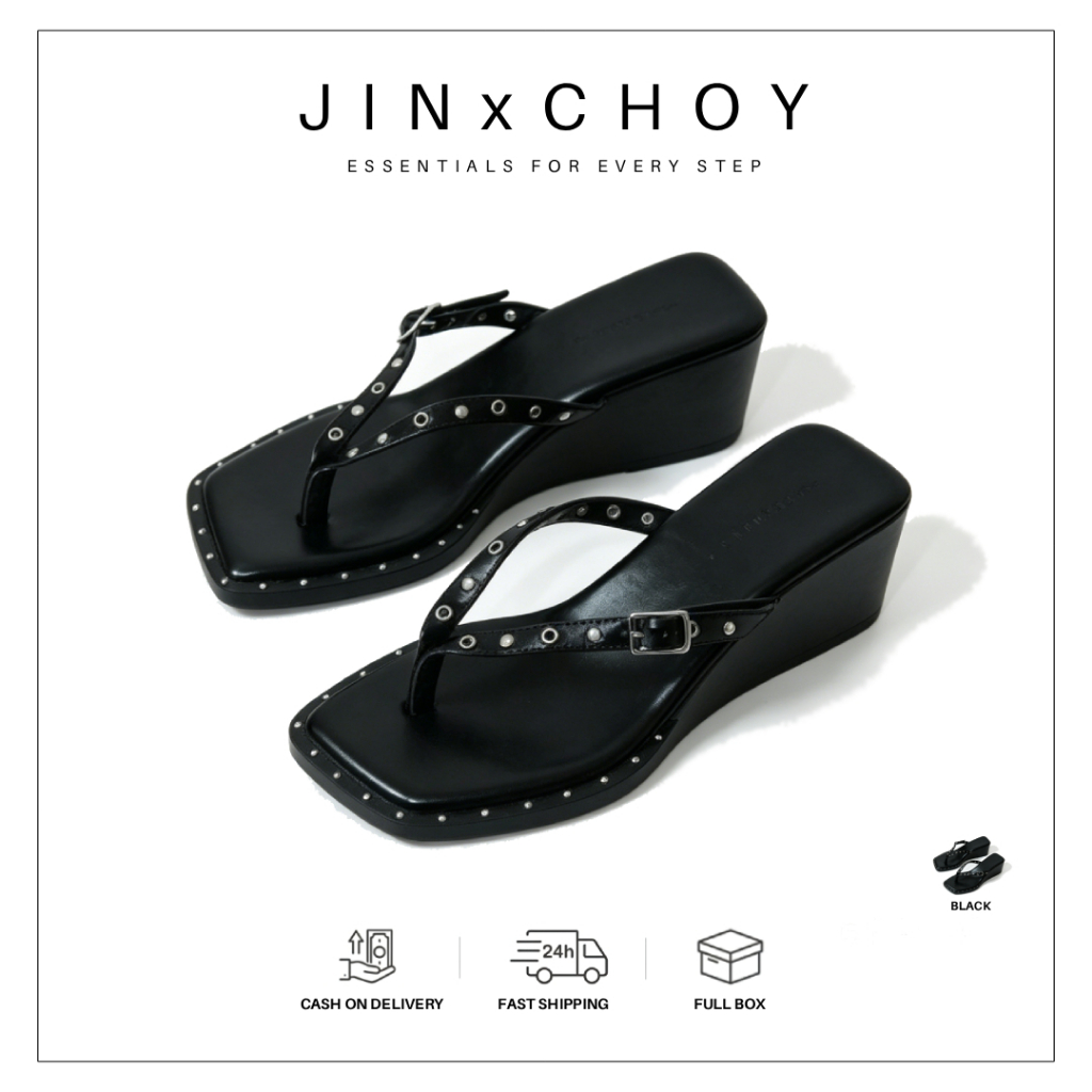 JINxCHOY Retro Rivet Buckle Wedge Heel รองเท้าแตะสแควร์ Toe Flip-Flops Soft-Soled รองเท้าแตะทุกวัน Commuter สวมใส่กลางแจ้งรองเท้าผู้หญิงโรงงานขายส่งราคา
