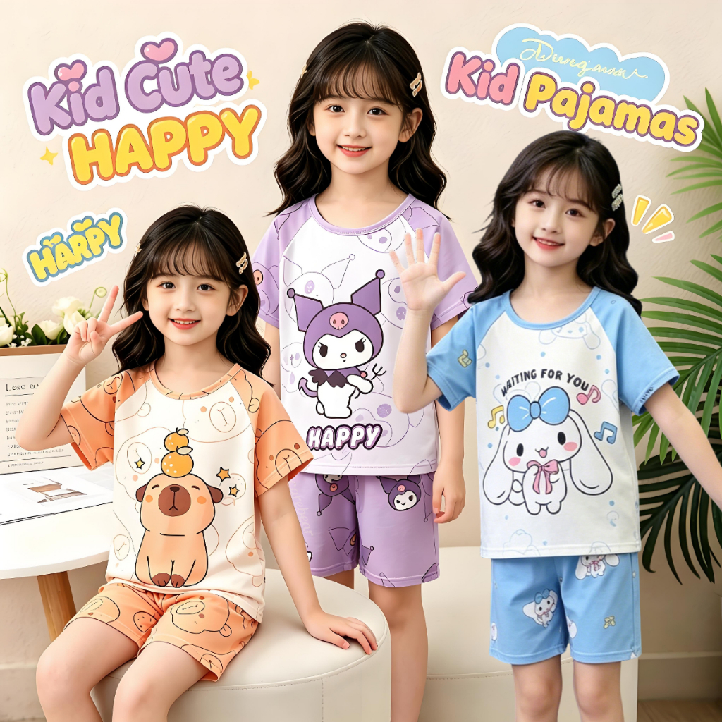 ชุดนอนสำหรับเด็กผู้หญิง อายุ 9-10 ปี สีชมพูซินแนม่อน แขนสั้น คอว่าว ชุดนอนเก๋ไก๋