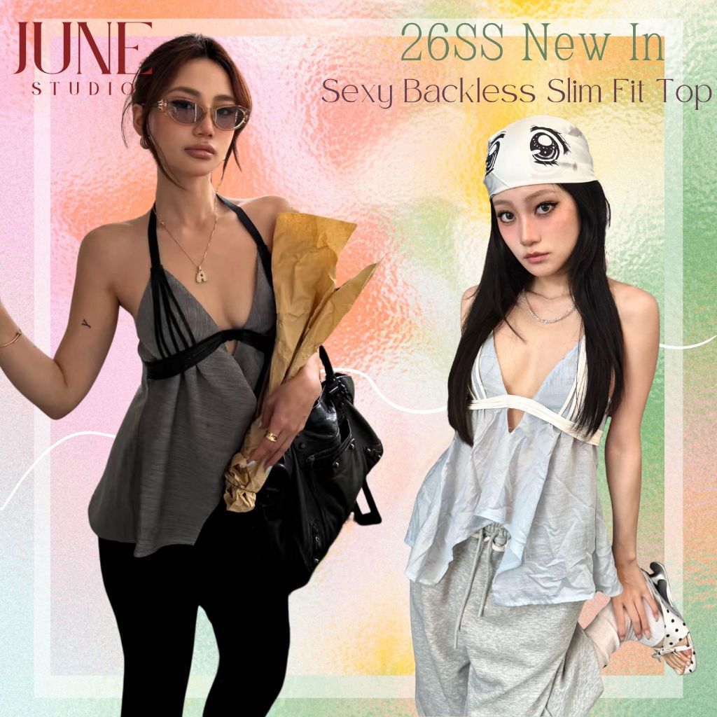 【Ready to ship】เสื้อสายเดี่ยวคล้องคอเปิดหลัง สีฟ้าอ่อน สไตล์เกาหลีเซ็กซี่ ลุคเที่ยวทะเล Y2K สาวฮอตผู้หญิง【June Studio】