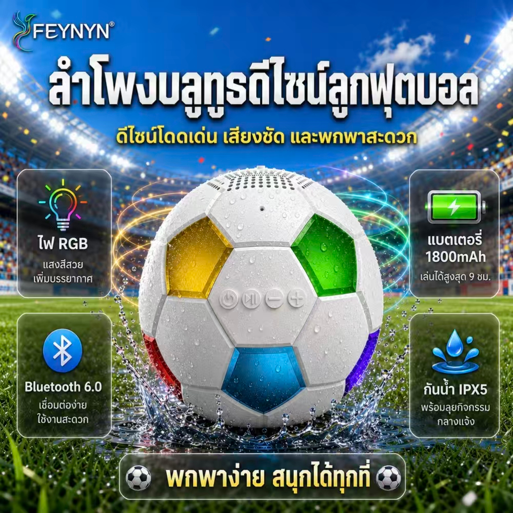 FEYNYN Speaker ลำโพงบลูทูธพกพากลางแจ้ง รูปลูกฟุตบอล เบสหนัก กันน้ำ IPX5 ใส่ TF Card แบตเตอรี่1800mAh