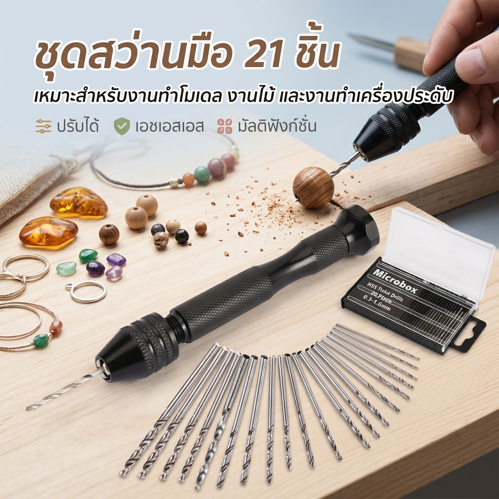 21 ชิ้น ชุดสว่านมือ เจาะเครื่องประดับ งานฝีมือ ต่อชุด Mini Twist เจาะ Bits Precision Pin Vise สว่านมือพร้อม Twist Bits ชุดเจาะมือ Bits ชุด