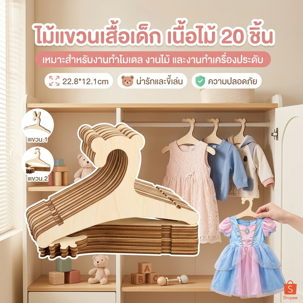 ไม้แขวนเสื้อเด็ก เนื้อ 20 ชิ้น ไม้แขวนเสื้อเด็กลายหมี 9 นิ้ว เรียบลื่นสําหรับวัยหัดเดิน/เนอสเซอรี่ พร้อมตู้ผ้า แขวนเสื้อ ที่ เนื้อไม้ สีเบจ มีร่องกันผ้าหล่นจากและมีก้านกางเกง