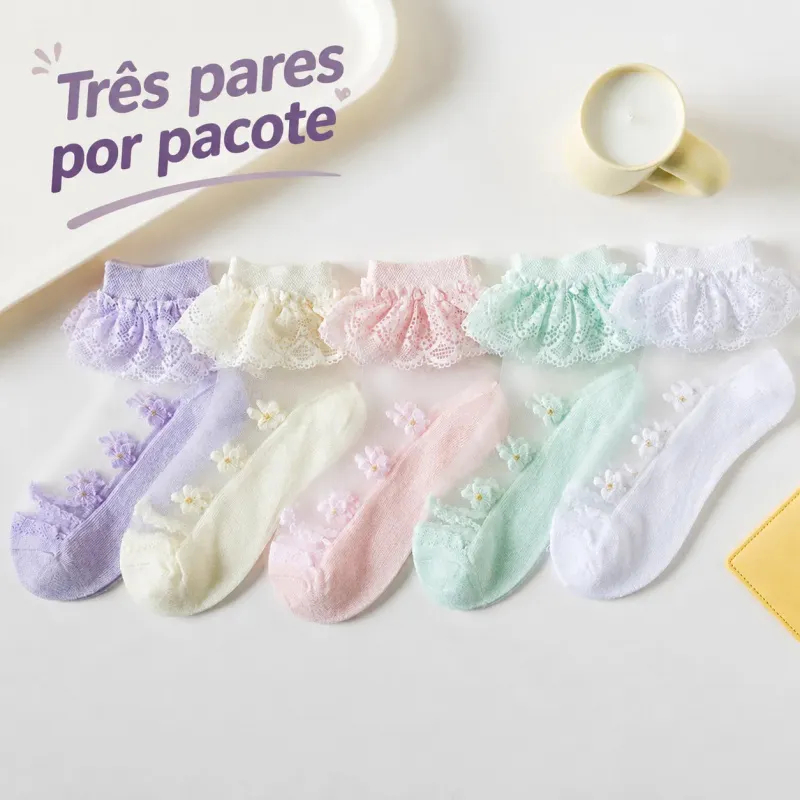 3-หีบห่อ คริสตัลถุงเท้าสาวลูกไม้ถุงเท้าฤดูร้อนบางตาข่ายสีขาวเด็กลูกไม้เจ้าหญิงน้ําแข็งผ้าไหมถุงเท้าถุงเท้าเด็กผ้าฝ้ายแท้