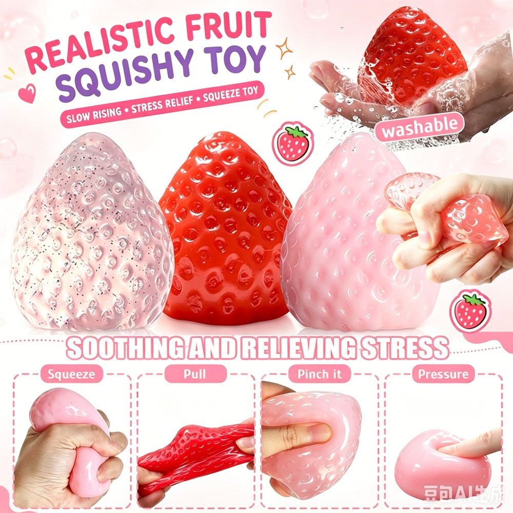 3 ชิ้น Squishy สตรอเบอร์รี่บีบของเล่น TPR วัสดุสตรอเบอร์รี่ความเครียดของเล่นสําหรับเด็กผู้ใหญ่,ความวิตกกังวลบรรเทา Sensory Decompression บีบของเล่น