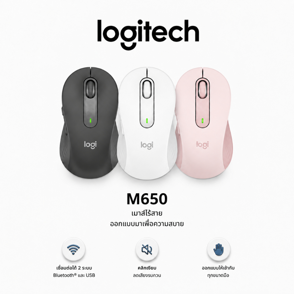 Logitech SIGNATURE M650 SilentTouch ลดเสียงคลิก ปุ่มข้างปรับแต่งได้ ใช้ได้ทั้ง Windows และ macOS (เมาส์ไร้สาย) Black/White/Pink