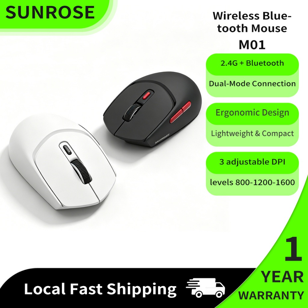 【+1 ฿ รับของแถม】SUNROSE M01 เมาส์บลูทูธไร้สาย, 2.4G+BT Dual-Mode, การเชื่อมต่อหลายอุปกรณ์, น้ําหนักเบา 50g, ที่เก็บตัวรับสัญญาณสําหรับแล็ปท็อป/แท็บเล็ต