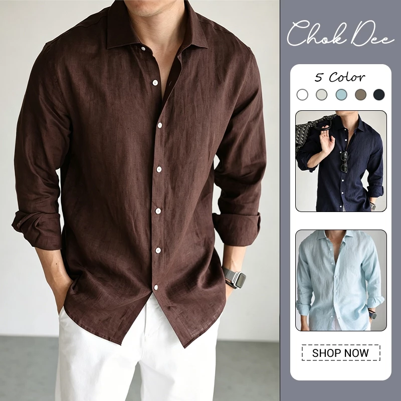 เสื้อเชิ้ตแขนยาวผ้าลินินสําหรับผู้ชายเสื้อลําลองธุรกิจระบายอากาศสไตล์เกาหลีมี 5 สี