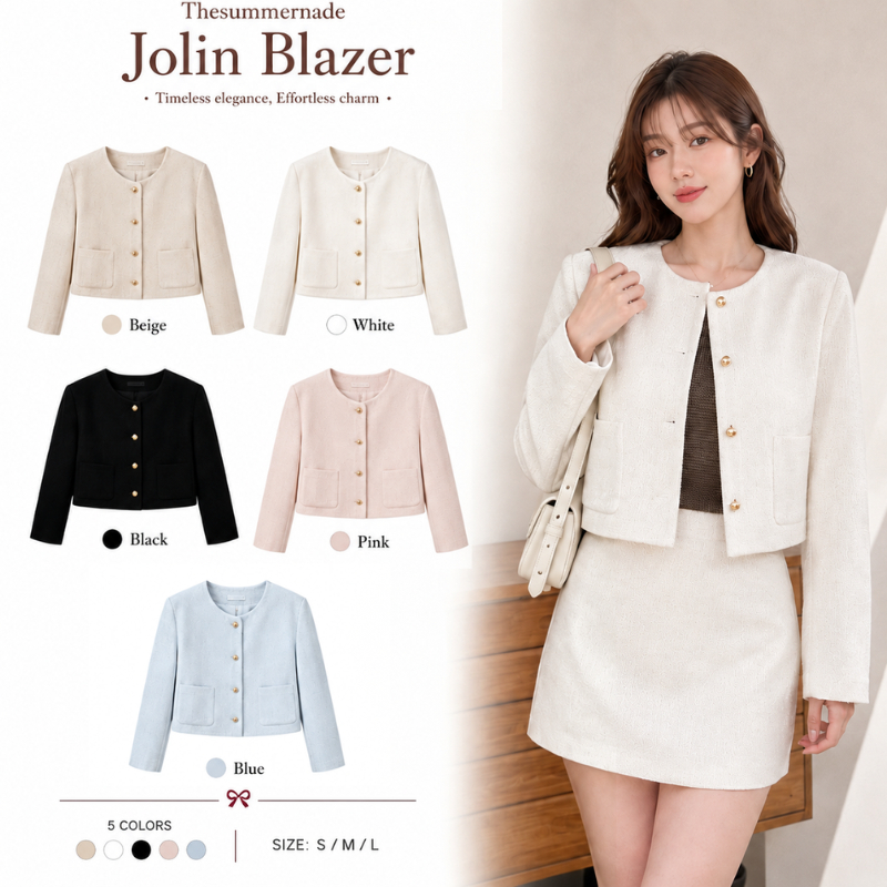 KULIMULA Jolin Blazer แจ็คเก็ตสไตล์เชนผ้าขนสัตว์ คอกลมกระดุมทอง ทรงสั้นหรูหราใส่ทำงานสวย