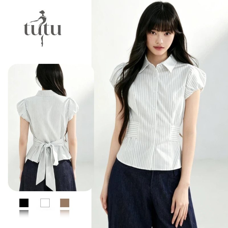 เสื้อเชิ้ตแขนสั้นลายทาง คอปกแขนพัฟ ทรงสลิมรัดเอว ดีเทลผูกโบว์ด้านหลัง สไตล์เกาหลี