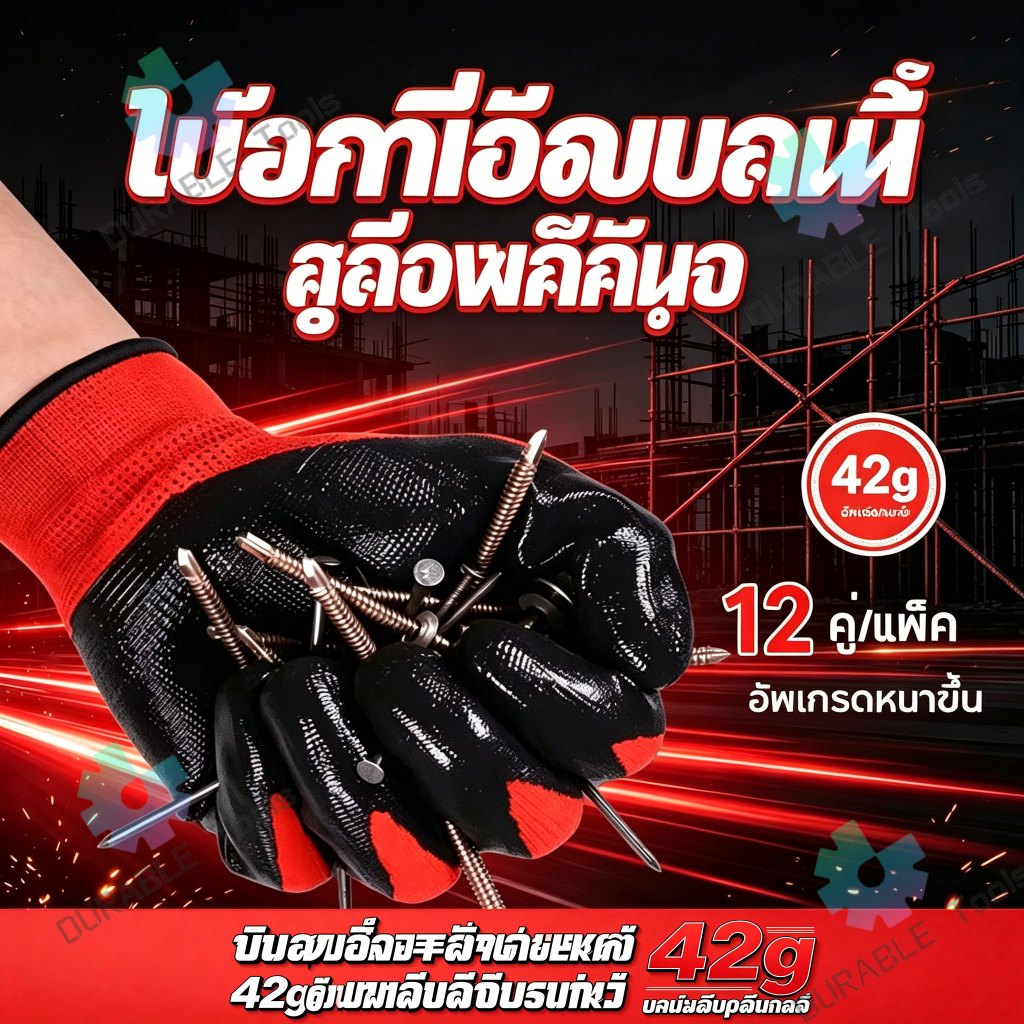 (6คู่บวก6คู่=12คู่) 42ก ถุงมือยางธรรมชาติเกรดพรีเมี่ยม หนาแน่นพิเศษ กันรอย ทะลุ ก่อสร้าง โรงงาน ขนส่งสินค้าหนัก มือดี