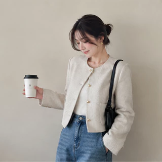 Flash SALE🔥KULIMULA Jolin Blazer เสื้อแจ็คเก็ต ทรงชาแนลสั้นคอกลม ผ้าทวีดกระดุมทองสไตล์เกาหลีเรียบหรู
