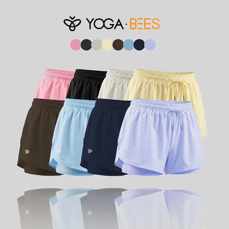 โยคะ BEES ผู้หญิง 2-in-1 Double Layer กางเกงขาสั้นยืดหยุ่น Drawstring เอว Anti-Chafing Liner แห้งเร็ว Breathable Gym โยคะออกกําลังกายกีฬากางเกงขาสั้น 8 สี