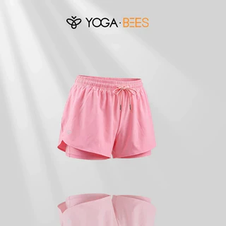 โยคะ BEES ผู้หญิง 2-in-1 Double Layer กางเกงขาสั้นยืดหยุ่น Drawstring เอว Anti-Chafing Liner แห้งเร็ว Breathable Gym โยคะออกกําลังกายกีฬากางเกงขาสั้น 8 สี
