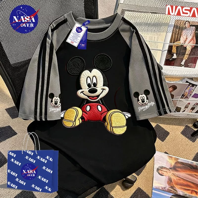 【จัดส่งตลอด 24 ชั่วโมง】🔥NASA ฤดูร้อน ทรงหลวม แขนสั้น อเมริกันวินเทจ ลายหนูการ์ตูน🐭cool ยูนิเซ็กส์ สีผสม สามแถบ คอกลม เสื้อYG6283