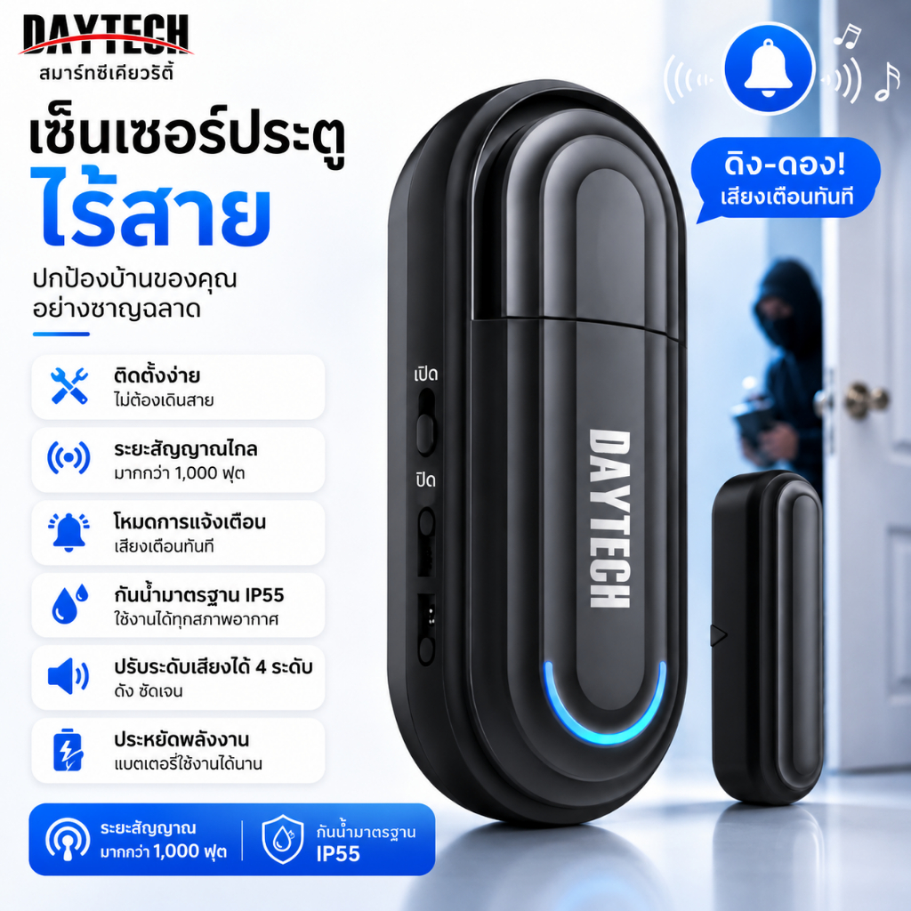 Daytech เซนเซอร์เตือนประตู / หน้าต่าง wireless digital door lock กันขโมย WiFi ปลุกล่าช้า15s TUYA