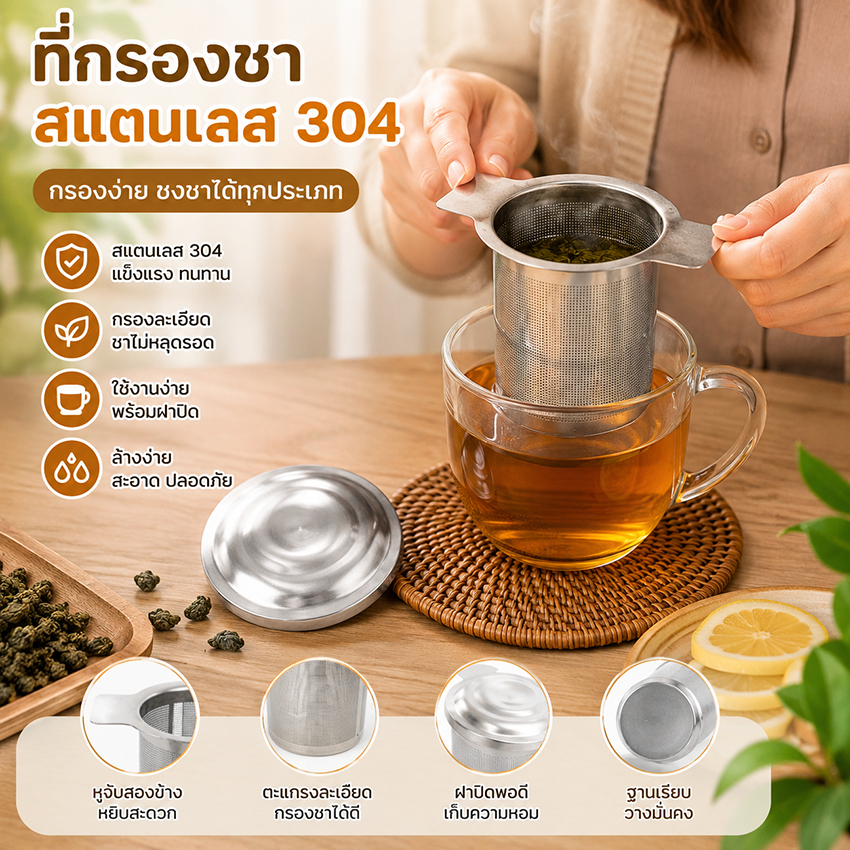 ⚡️จัดส่งในพื้นที่⚡️สแตนเลสชาสุทธิ คนบาป ถ้วยโลหะกรองใบหลวมพร้อมฝาครอบเครื่องมือ