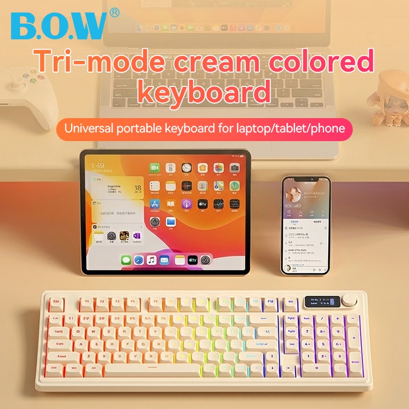BOW K820/K920/K180/K960 คีย์บอร์ด Tri-Mode RGB Backlight บลูทูธ/ไร้สาย/แบบมีสายชาร์จคีย์บอร์ดเกมและส