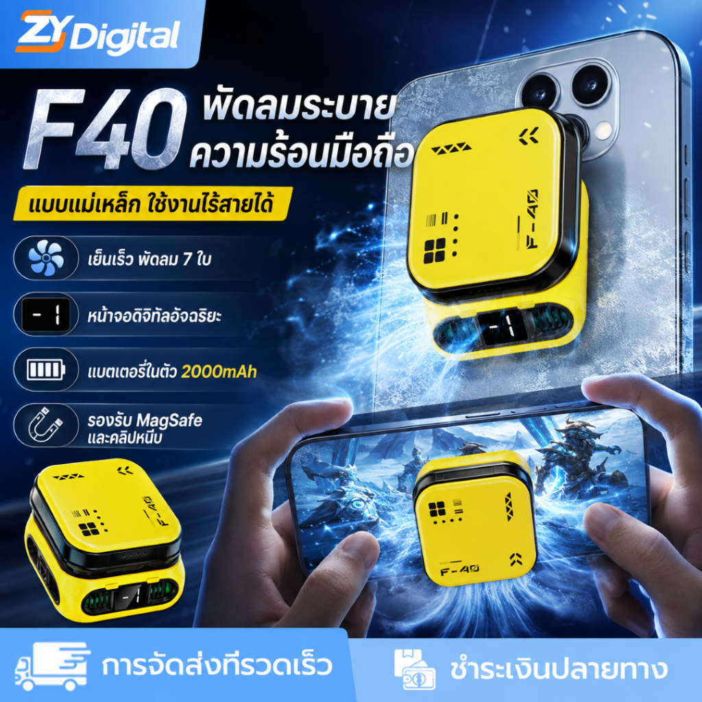 F40 แม่เหล็กโทรศัพท์คูลเลอร์ระบายความร้อนแช่แข็ง AI สมาร์ทจอแสดงผลแหล่งจ่ายไฟคู่หม้อน้ําเกมมือถือ
