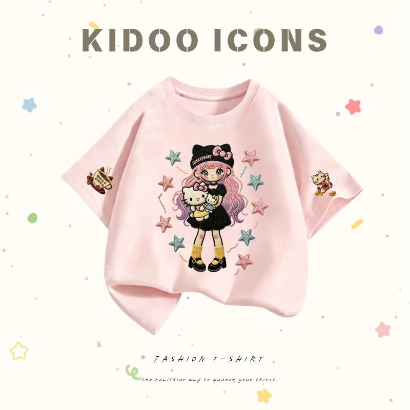 Kidoo Icons เสื้อเด็กผู้หญิงฤดูร้อน สไตล์ลำลอง ทรงหลวม ลายตัวอักษร+การ์ตูนเด็ก ผ้าฝ้าย100% #A01+5548